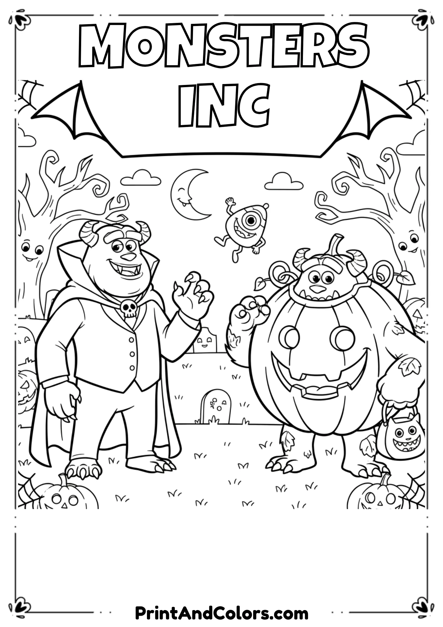 Sulley dressed as a vampire and Mike as a pumpkin, outlined in fun cartoon line art.
