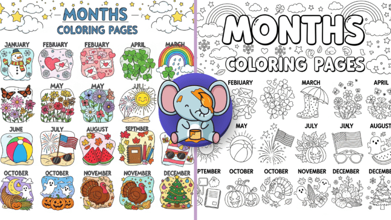 Feature image for Months Coloring Pages showing 12-month calendar with seasonal illustrations for each month in outline style