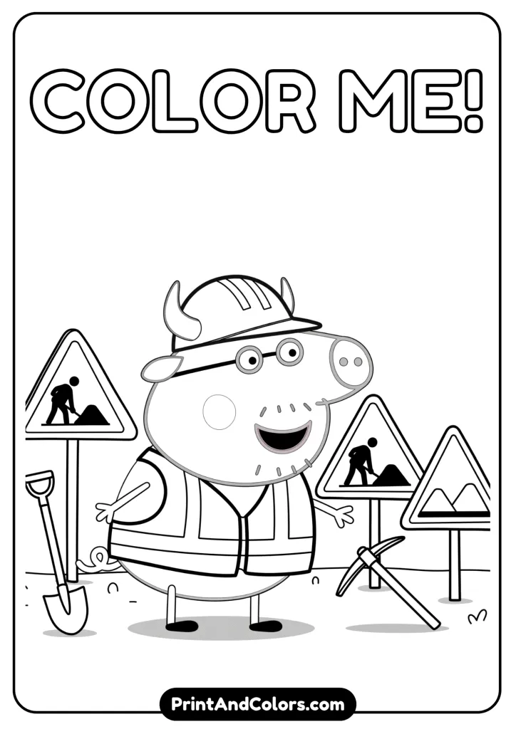 Mr. Bull wearing a safety vest and helmet, standing near roadwork signs with tools. Outlined in thick lines for easy coloring.