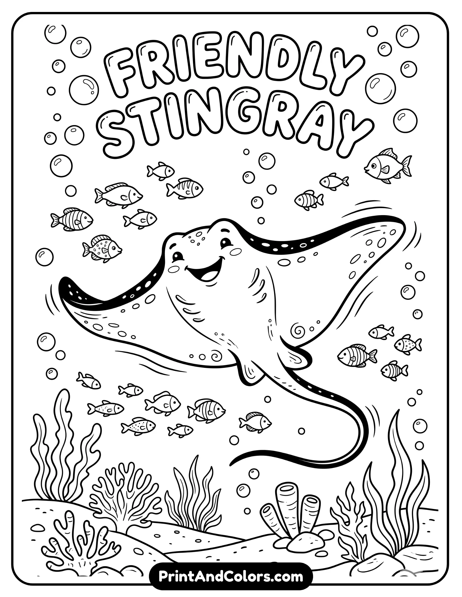 Black and white illustration of a friendly stingray with wide wings gliding underwater, smiling expression, surrounded by small fish and bubbles. Smooth lines, simple details