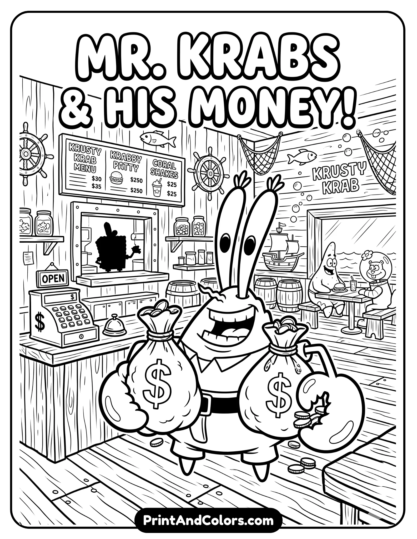 Printable black and white coloring page of Mr. Krabs holding money bags with a big grin inside the Krusty Krab restaurant, wooden floor, cash register, burger counter, cartoon ocean theme, bold outlines, detailed line art for coloring fun, no shading