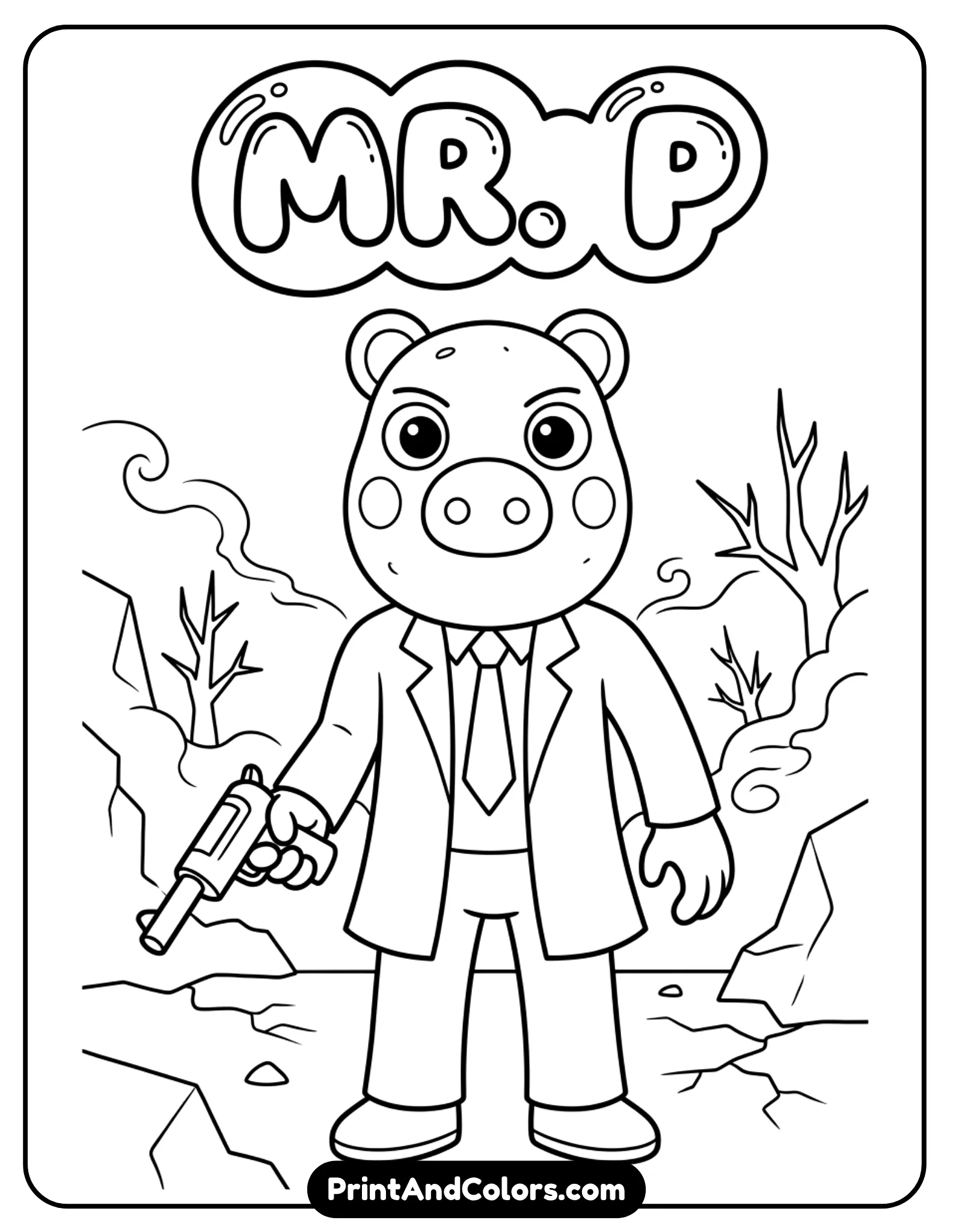 Mr. P character with potato-shaped head, wearing coat, holding weapon, simple Piggy-style design, clean line art, minimal eerie background