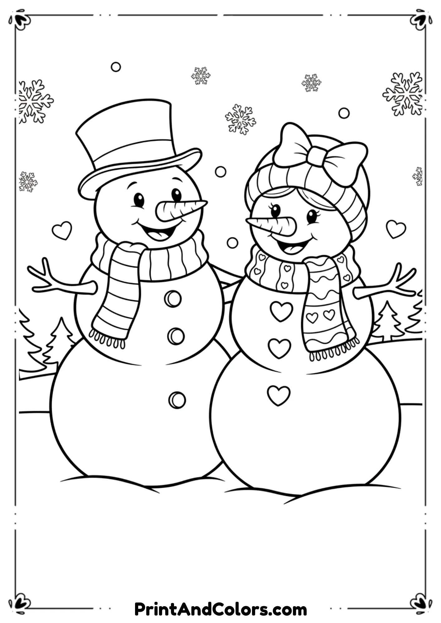 Two snowmen—a male and female—standing together. Mrs. Snowman with bow or bonnet, Mr. with hat and scarf. Hearts or snowflakes around.
