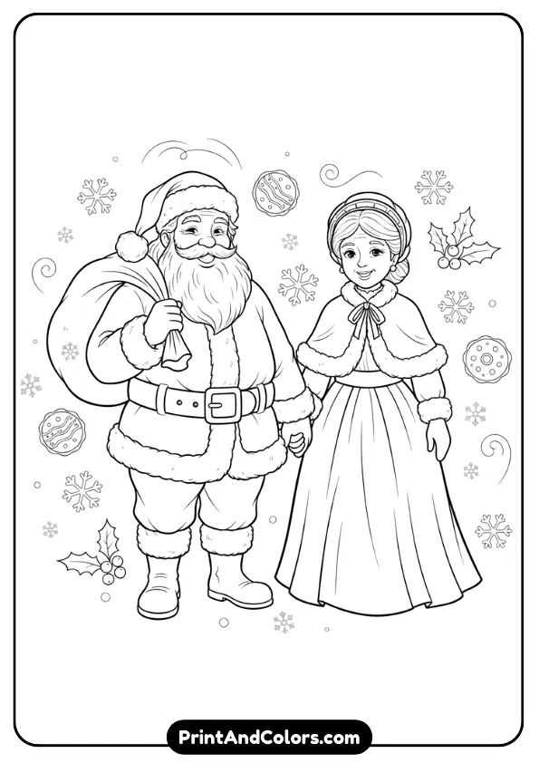 Mr. and Mrs. Claus standing together smiling warmly, holding hands or gifts. Add soft holiday elements like holly, cookies, snowflakes. Clean outlines for coloring