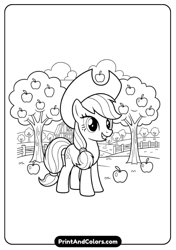 Design a black and white line art coloring page of Applejack wearing her signature hat, smiling confidently. Include apples, trees, and a simple farm background. Clean bold outlines, no grayscale, kid-friendly printable coloring sheet.