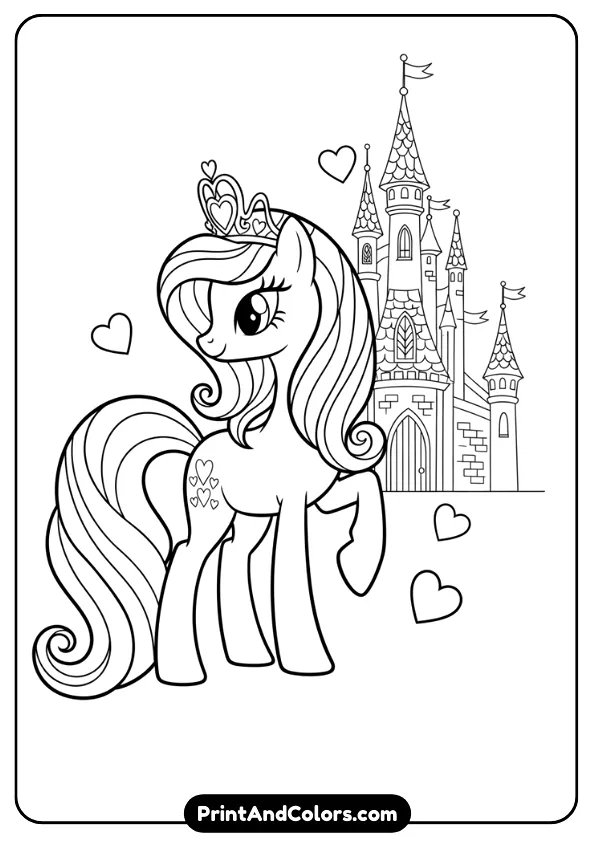 Create a black and white line drawing of Princess Cadance from My Little Pony, wearing a crown and flowing mane, standing gracefully with heart symbols around her. Fantasy castle elements in the background, clean outlines, no shading, printable coloring page for kids.