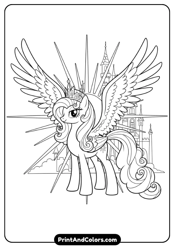 Create a detailed black and white outline illustration of Princess Celestia with large wings spread, elegant posture, flowing mane, and royal crown. Add sun rays and castle towers in the background. Thick lines, no shading, perfect for coloring pages.