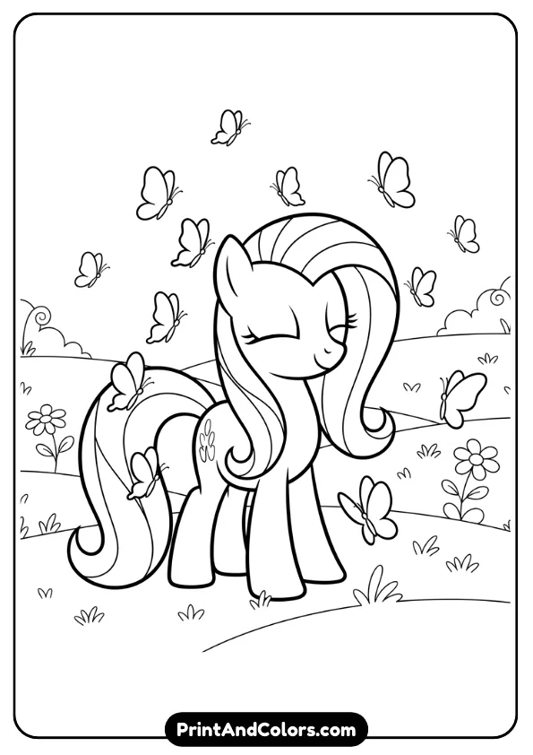 Create a black and white line art coloring page of Fluttershy smiling gently with butterflies flying around her. Soft grassy field background, simple details, thick outlines, no shading, printable coloring book page.