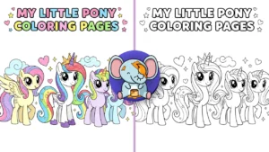 My Little Pony coloring pages feature image with cute ponies in black and white line art