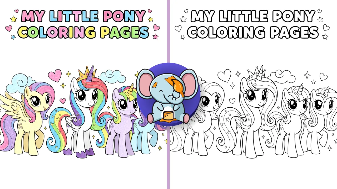 My Little Pony coloring pages feature image with cute ponies in black and white line art