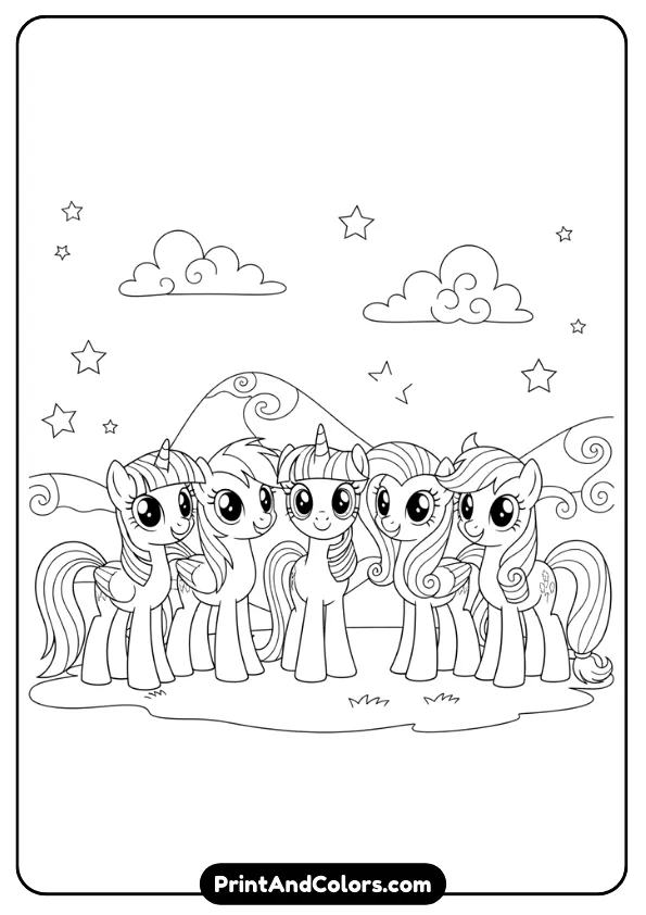 Create a black and white line art coloring page featuring multiple My Little Pony characters standing together in a cheerful pose. Include large expressive eyes, flowing manes and tails, friendly smiles, and simple fantasy background elements like clouds, hills, and stars. Clean bold outlines, no shading, no grayscale, kid-friendly style, printable coloring book page, white background only.