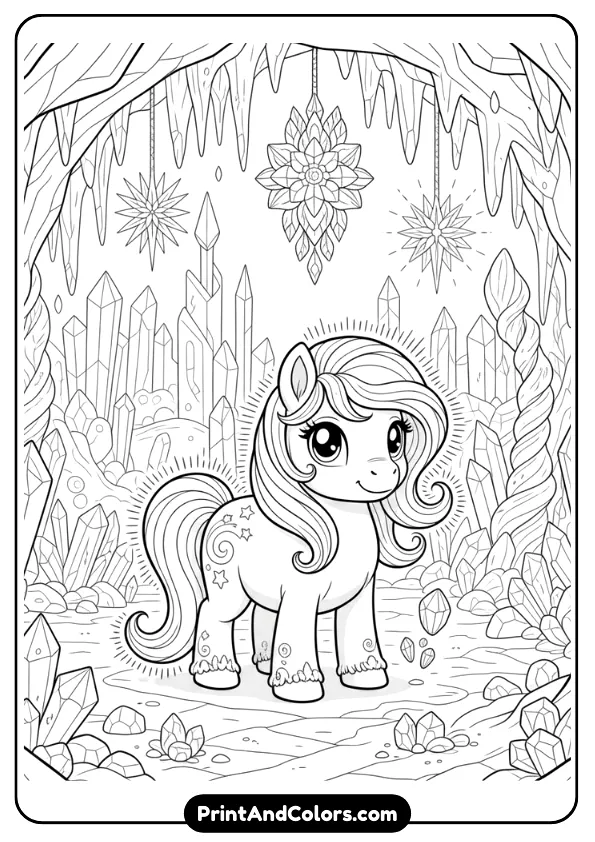Create a black and white line art coloring page featuring a pony inside a crystal cave with glowing crystal shapes. Fantasy feel, clean outlines, no color, printable coloring page.
