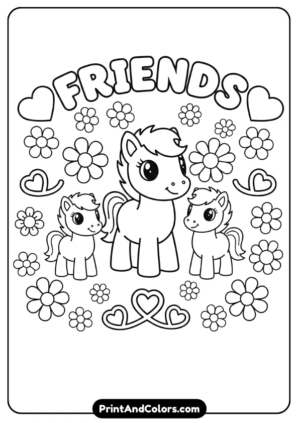 Illustrate a preschool-friendly black and white coloring page with ponies surrounded by flowers and hearts symbolizing friendship. Very simple shapes, thick outlines, no detail clutter.