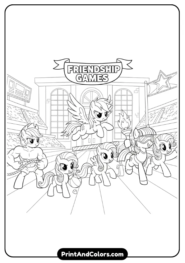 black and white coloring page inspired by Friendship Games with ponies in sporty or competitive poses. Simple stadium or school background, clean outlines.
