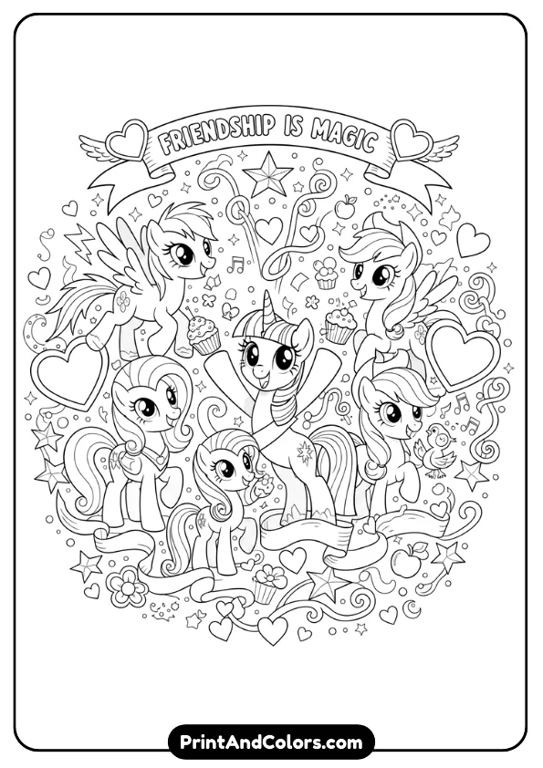Create a black and white line art coloring page showing multiple My Little Pony characters together celebrating friendship. Include hearts, stars, and magical elements. Clean outlines, no shading, suitable for kids coloring books.