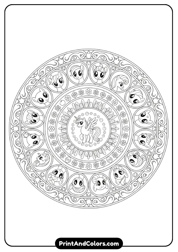 black and white mandala-style coloring page featuring My Little Pony elements arranged in circular patterns. Symmetrical design, clean outlines.