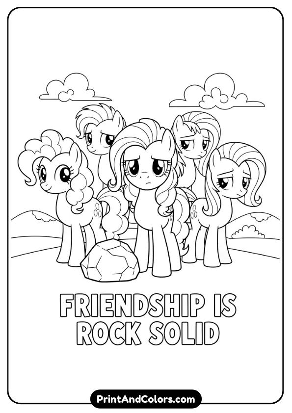 black and white coloring page of Maud Pie standing with other ponies. Calm expressions, simple background, clean outlines.