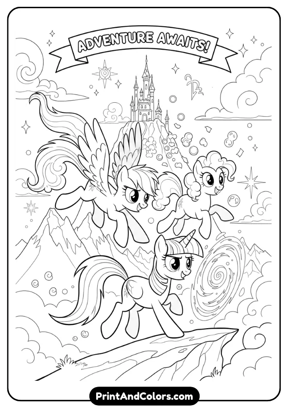 Illustrate a black and white coloring page inspired by My Little Pony Movie style, featuring ponies in an adventurous pose with dynamic expressions. Include clouds, mountains, and magical elements. Bold outlines, simple details, no color, suitable for printable coloring sheets.