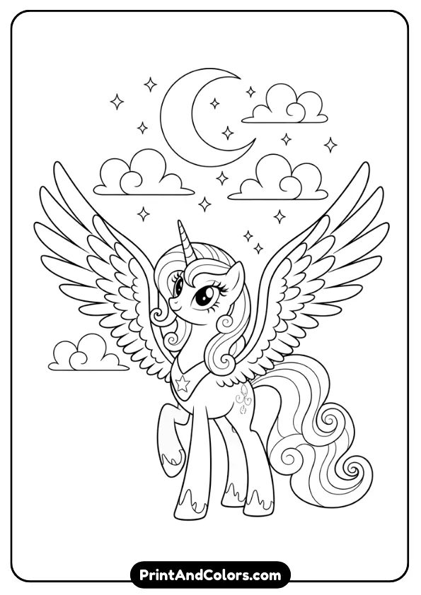 Create a black and white outline coloring page of Princess Luna with wings open under a moonlit sky. Add stars, crescent moon, and clouds. Elegant flowing mane, clear outlines, no shading, printable coloring page for children.