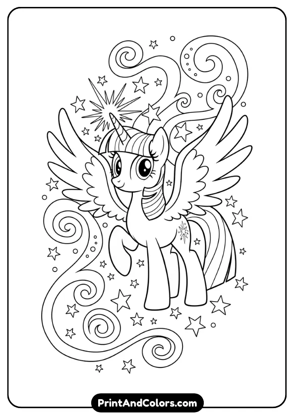 Design a black and white outline illustration of Princess Twilight Sparkle with wings spread and a glowing horn. Add stars and magical swirls in the background. Clean bold lines, no grayscale, suitable for kids coloring sheets.