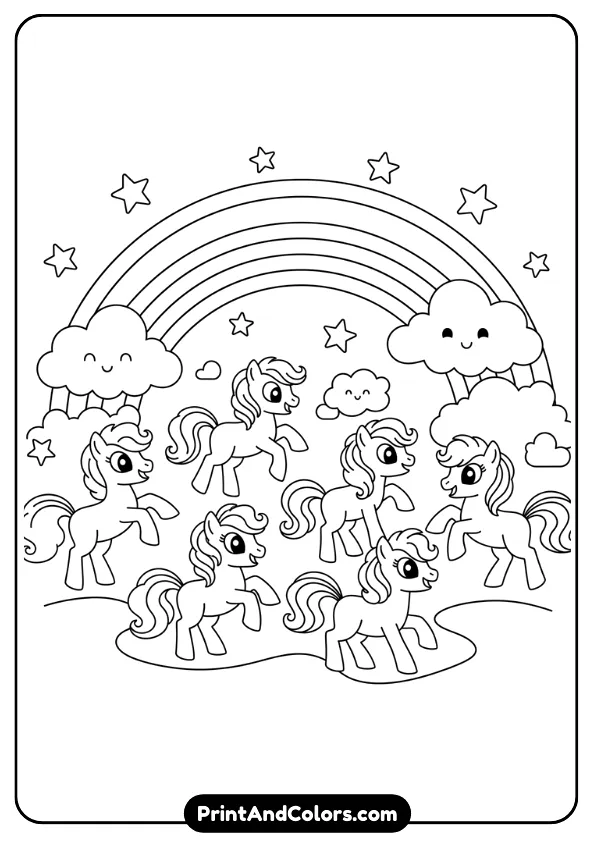 Illustrate a black and white outline coloring page of ponies dancing under a rainbow with joyful expressions. Simple clouds and stars, bold clean lines, no shading.
