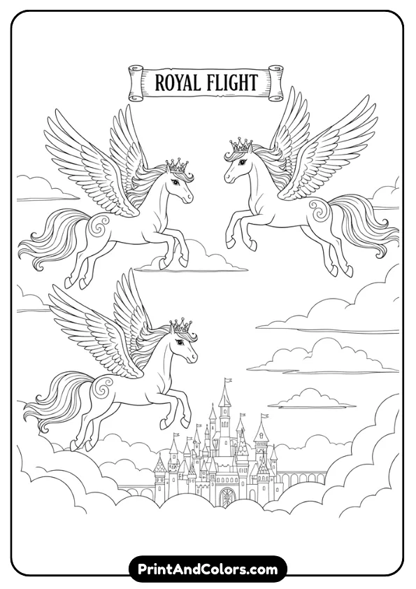 Create a black and white coloring page of royal ponies flying gracefully with wings and crowns. Castle skyline in background, clean outlines, no grayscale, printable coloring sheet