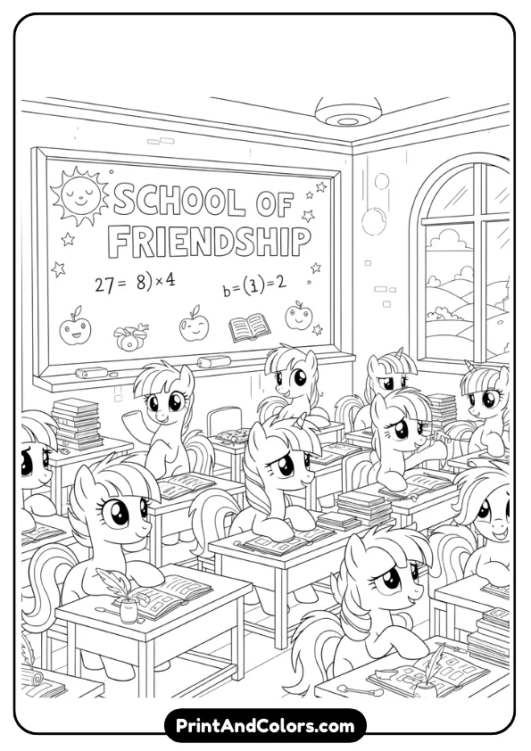 Create a black and white line art coloring page of ponies inside a School of Friendship classroom with desks, books, and chalkboard. Simple background, bold outlines, no color.