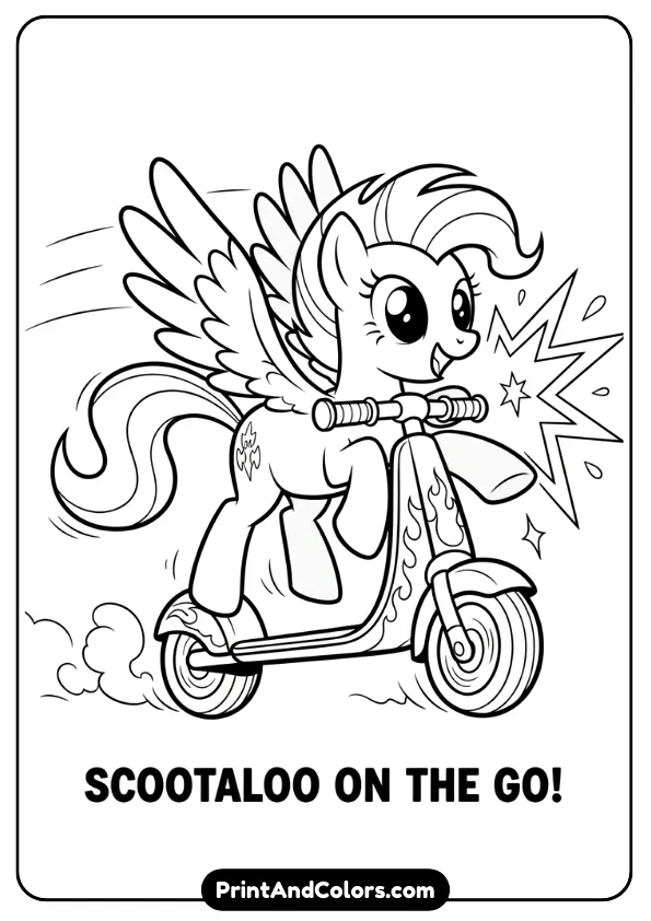 black and white printable coloring page of Scootaloo with energetic pose and scooter. Simple background, bold outlines.