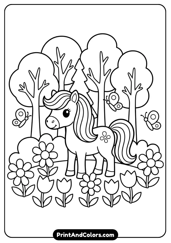 Create a simple black and white line art coloring page of a pony standing in a forest with trees, flowers, and butterflies. Minimal details, thick outlines, no shading, ideal for young kids.
