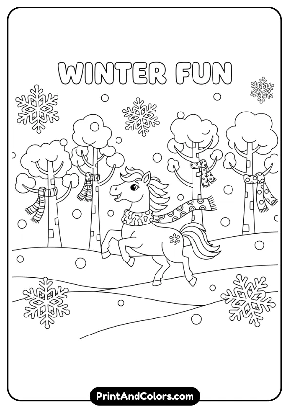 Design a black and white coloring page of a pony playing in snow with snowflakes, scarves, and winter trees. Simple winter background, thick outlines, no shading