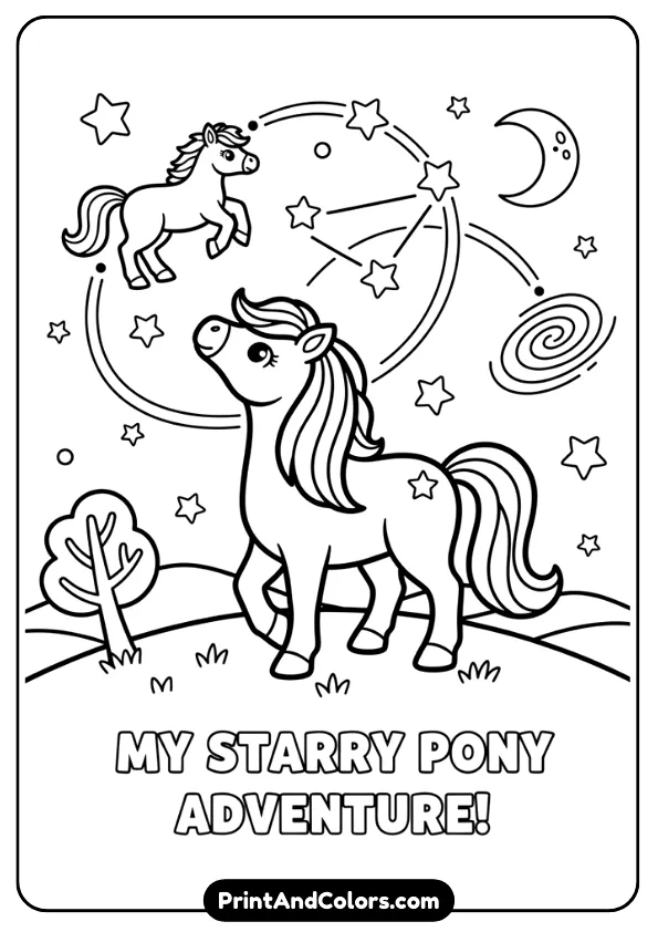 Design a black and white outline illustration of a pony gazing at a starlit sky filled with stars and constellations. Simple background, thick lines, no color, suitable for kids coloring pages