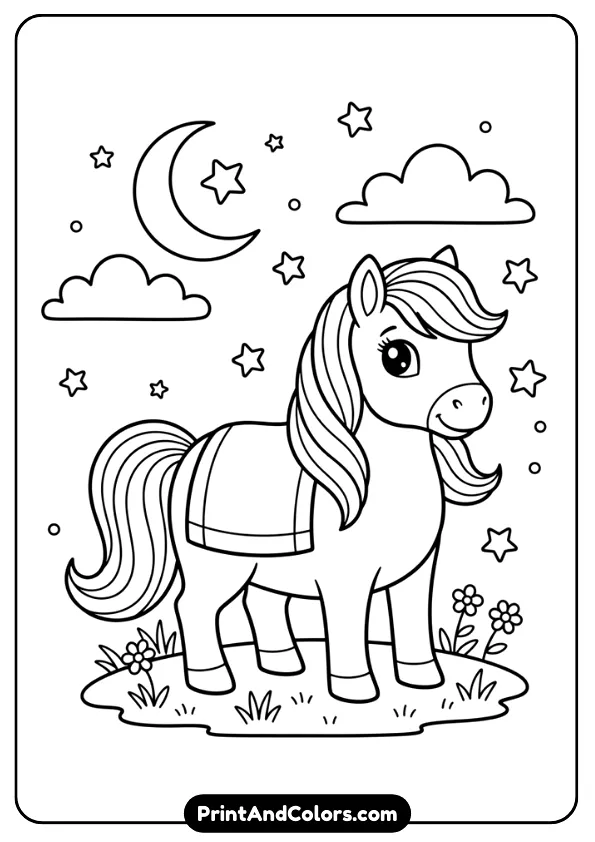 Illustrate a black and white outline coloring page of a pony under a starry night sky with moon, stars, and clouds. Calm scene, bold clean lines, no grayscale, kid-friendly coloring page.