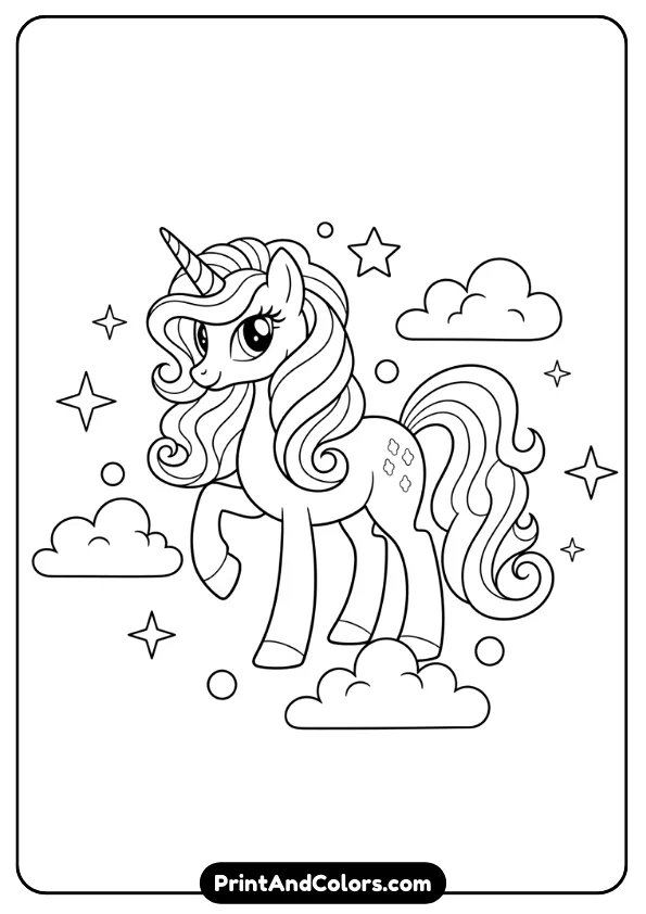 Design a black and white outline coloring page of a magical My Little Pony unicorn with a long spiraled horn, flowing mane, and elegant pose. Add sparkles, stars, and soft clouds around the unicorn. Simple background, thick clean lines, no color, no shadows, suitable for kids coloring activity sheets.