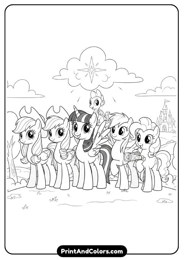 black and white coloring page with a group of popular My Little Pony characters standing together. Friendly expressions, simple fantasy background.