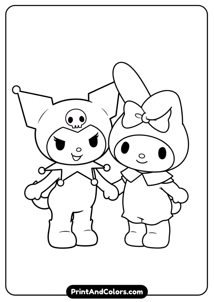 Kuromi and My Melody standing together, holding hands, friendly expressions, black and white cartoon line art