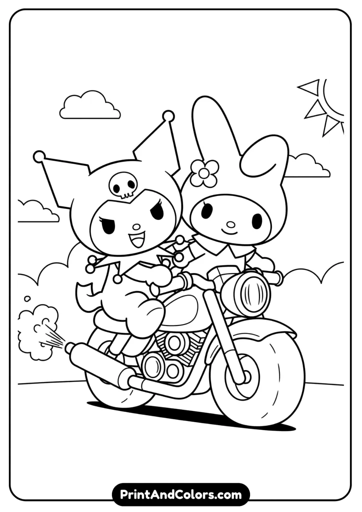 Cartoon line drawing of Kuromi and My Melody riding a motorcycle together, fun and playful outlines