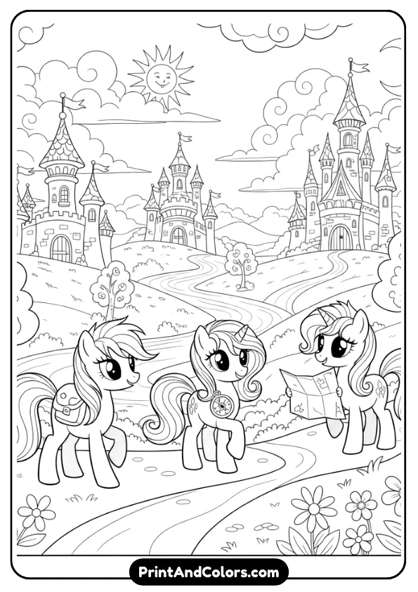 Create a black and white line art coloring page of ponies exploring Equestria with castles, hills, and clouds in the background. Fantasy theme, clean outlines, no color, suitable for kids.