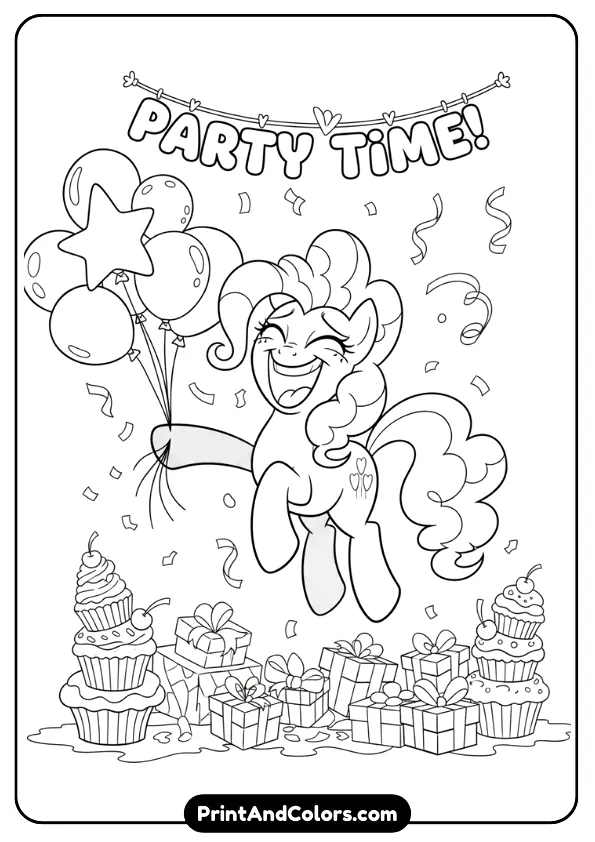 Create a black and white line art coloring page of Pinkie Pie laughing joyfully with balloons, cupcakes, and party decorations around her. Exaggerated facial expression, curly mane, playful pose, clean bold outlines, no shading, white background, printable coloring page for kids.