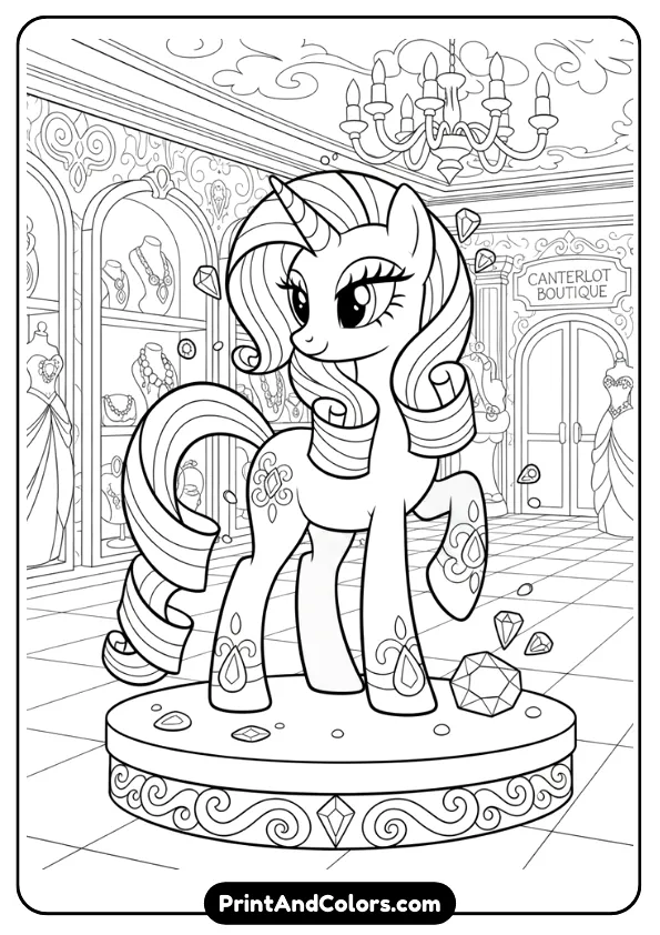 Illustrate a black and white line art coloring page of Rarity posing gracefully with gemstones and elegant curls in her mane. Boutique-style background, clean bold outlines, no color, printable coloring page.