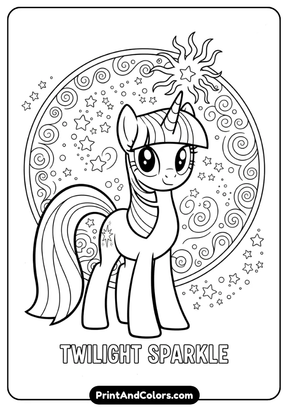 Design a black and white outline coloring page of Twilight Sparkle standing confidently with horn glowing and stars floating around. Simple magical background, flowing mane and tail, bold clean lines, no grayscale, suitable for kids coloring sheets.