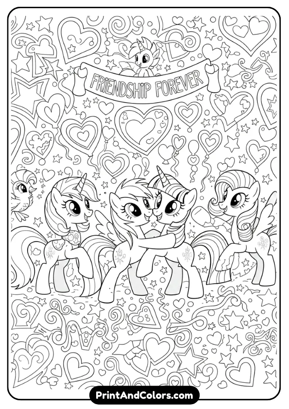 Illustrate a black and white coloring page featuring multiple Friendship Is Magic characters together celebrating friendship. Hearts, stars, and magical symbols, clean bold outlines.