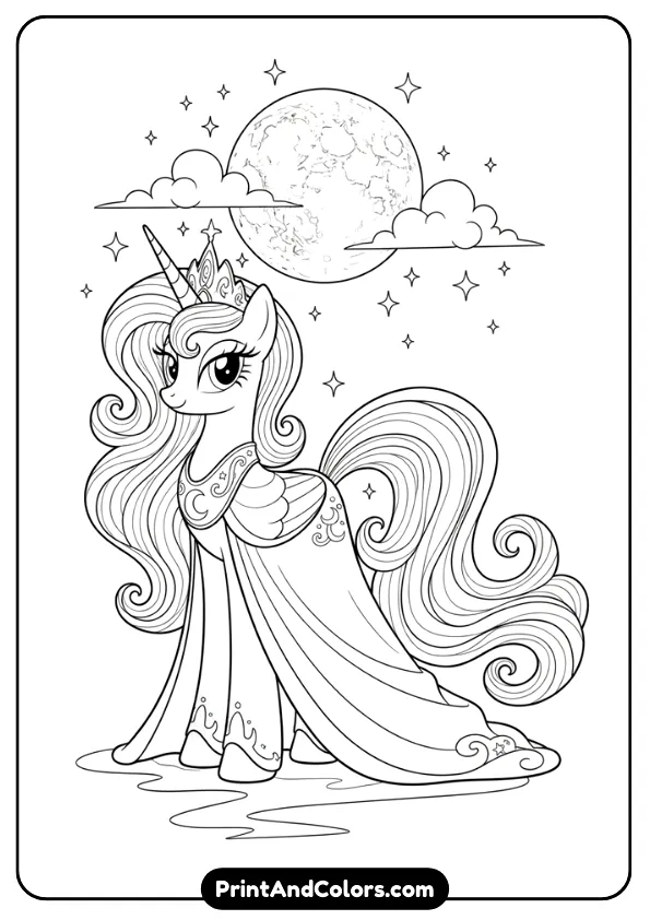 A black and white line art coloring page of Princess Luna standing under a moonlit sky with stars and clouds. Elegant pose, flowing mane, no shading.
