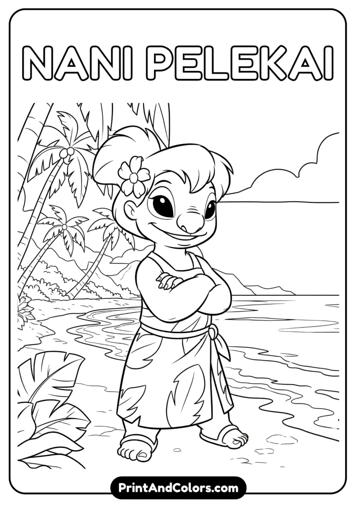 Nani with her arms crossed smiling, standing in a Hawaiian beach backdrop