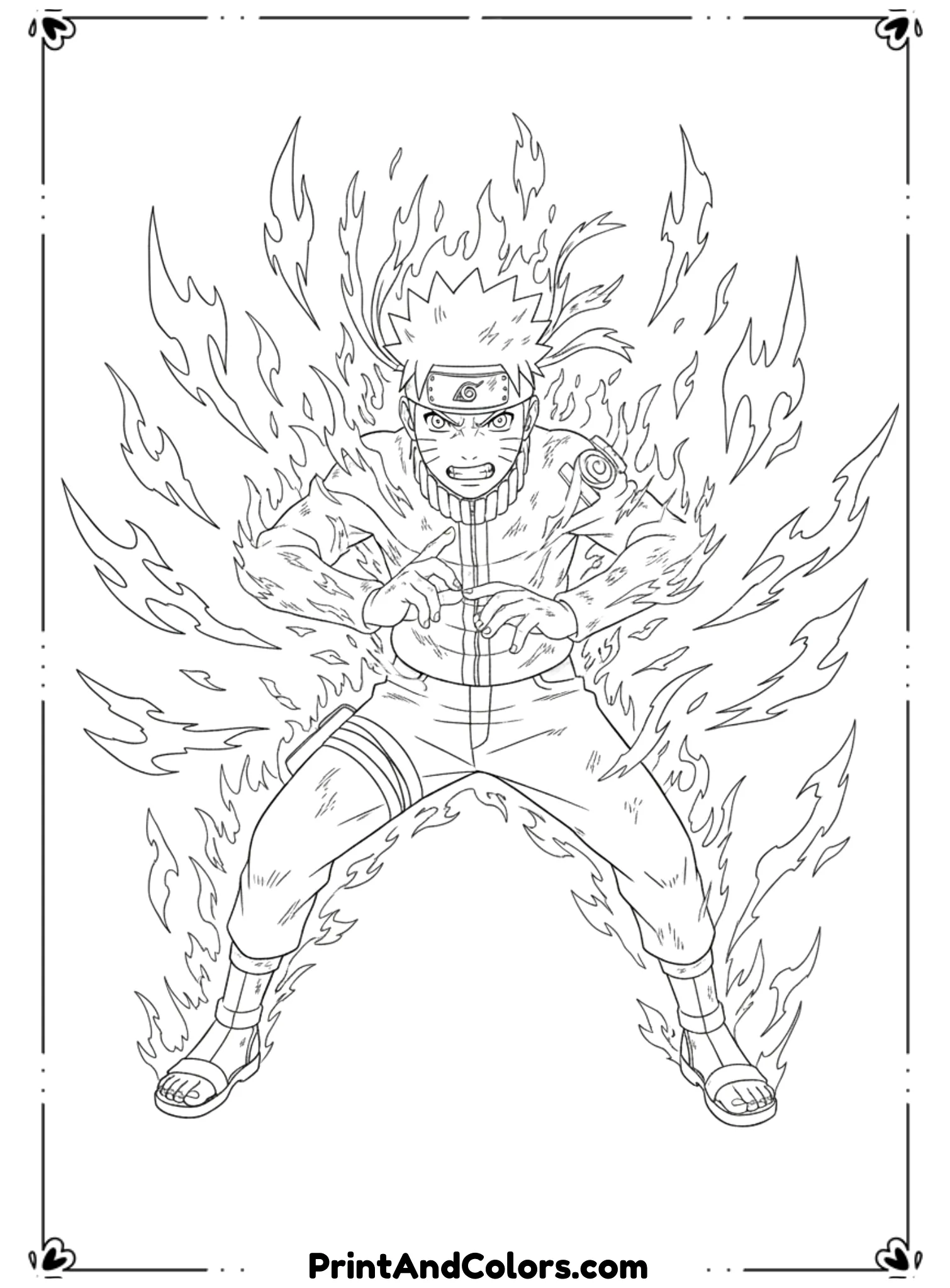  Draw Naruto awakening Kurama Chakra Mode with intense energy flowing around his body. Flame-like chakra lines swirl outward. Strong pose and fierce expression. Bold black outlines, no shading, high-energy anime coloring page.
