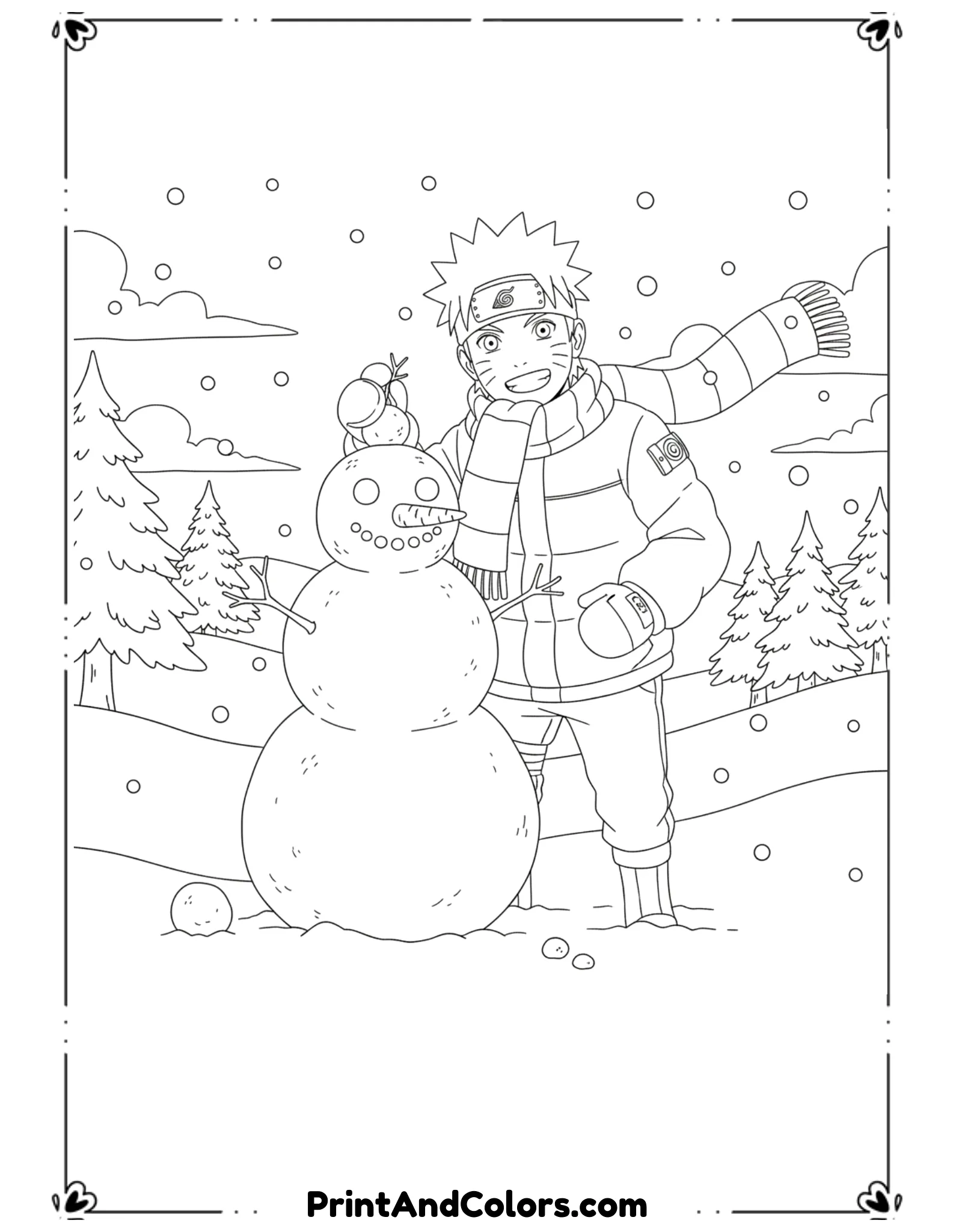  Draw Naruto building a snowman with a joyful smile. Snowman features are simple and fun. Clean black outlines, no shading, playful winter coloring page.
