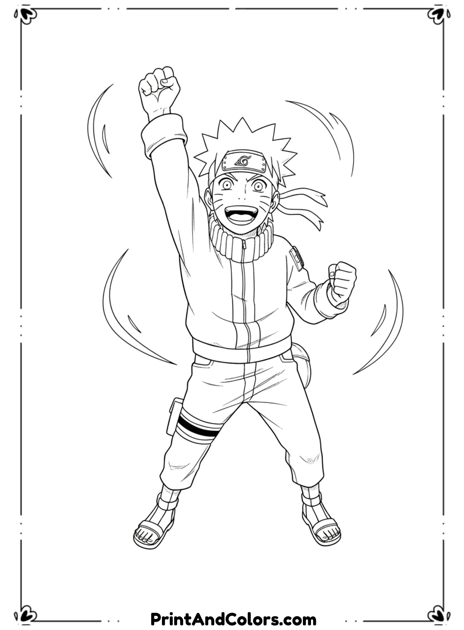  Draw Naruto celebrating victory with raised fist and big smile. Light celebratory motion lines. Clean black outlines, no shading, energetic printable coloring page.
