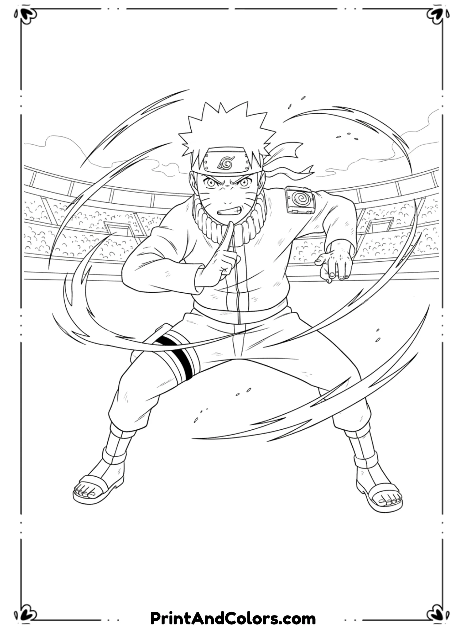  Illustrate Naruto during the Chunin Exams in a focused battle pose. Arena elements are lightly sketched in the background. Emphasize movement and determination using action lines. Black and white line art, no shading, printable anime coloring page.
