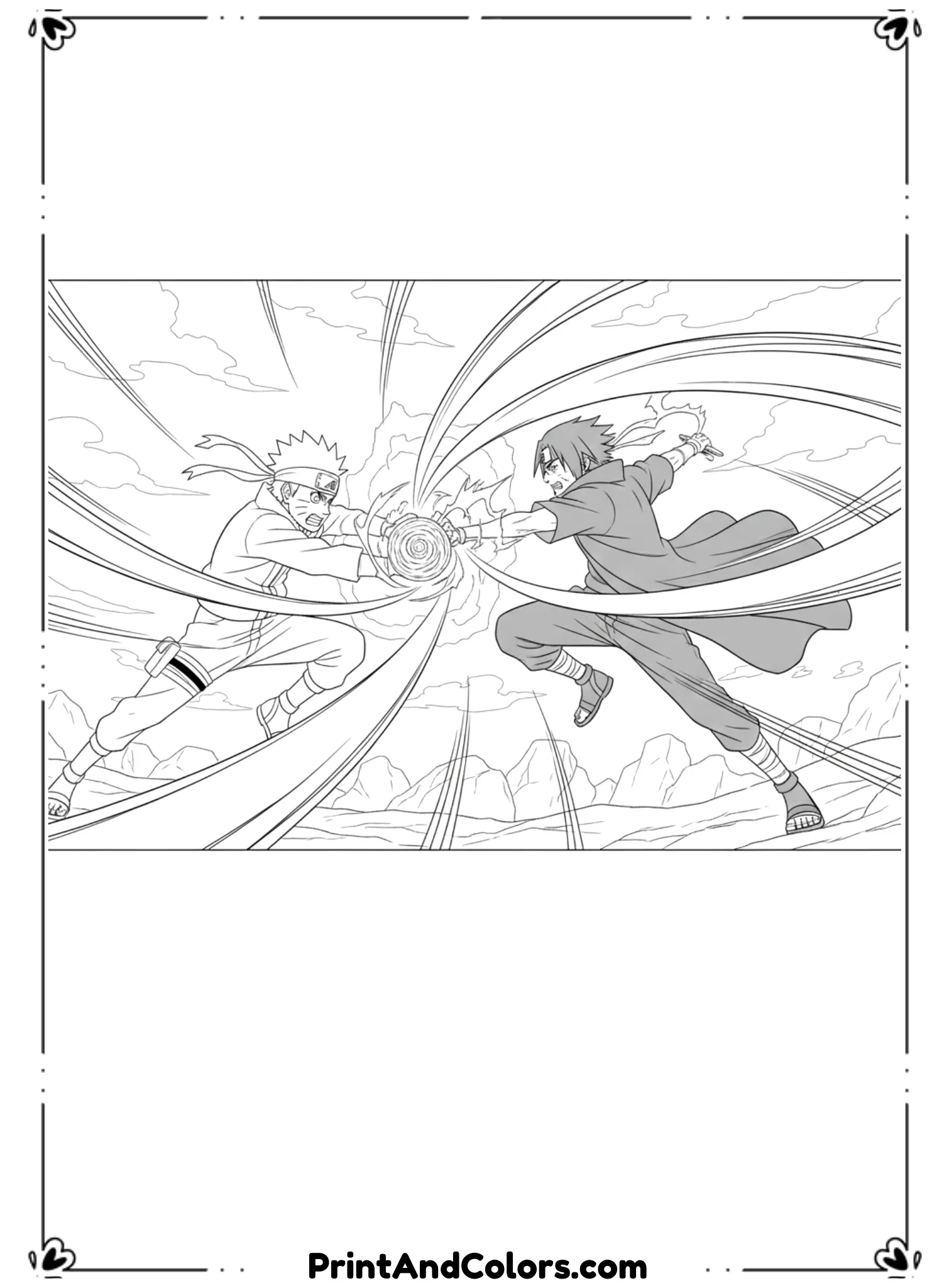  Create a powerful black and white illustration of Naruto clashing with a rival ninja. Energy lines and dramatic poses emphasize the intensity. Clean outlines, no shadows, simple background, anime coloring page format.
