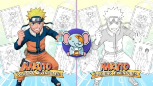 Anime hero image of Naruto Uzumaki smiling confidently, surrounded by black-and-white Naruto coloring page previews, bright clean background, kid-friendly anime style, high resolution, website banner image.