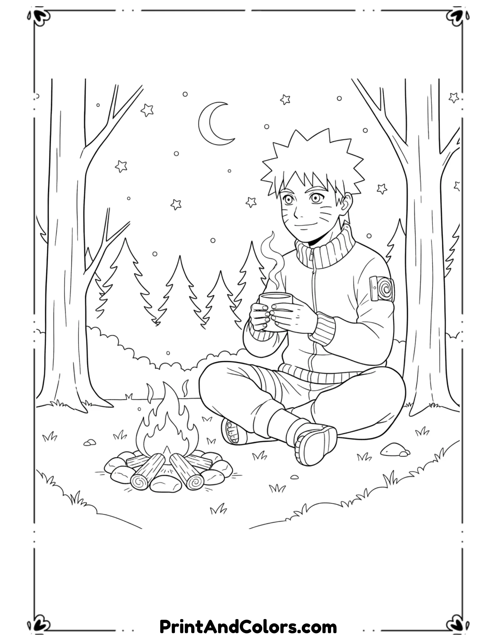  Illustrate Naruto sitting beside a small campfire at night, holding a cup of hot tea. Fire is outlined simply, stars lightly drawn. Clean black line art, cozy mood.
